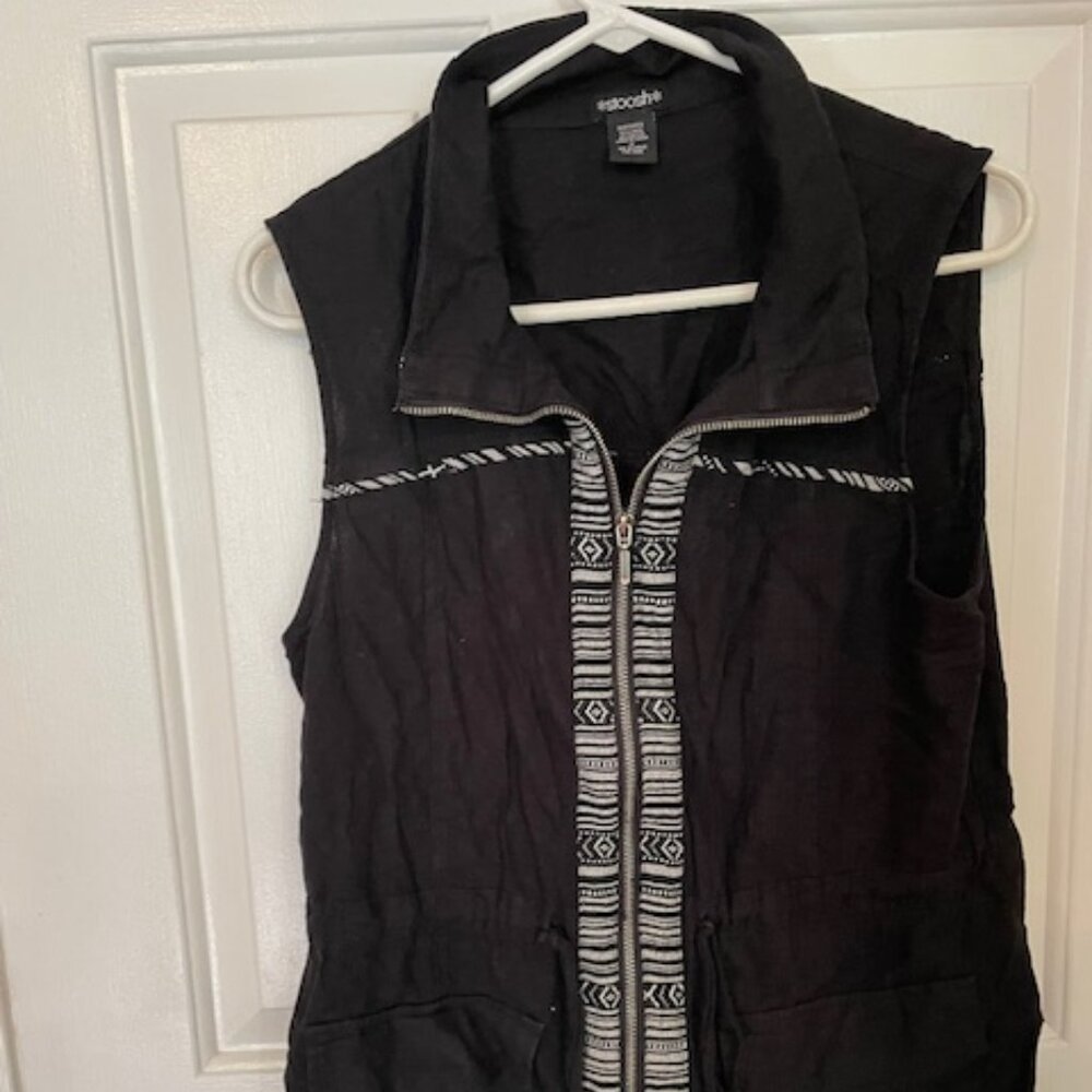 Stoosh Black Cinch Aztec Vest with patterned zipper & trim, medium